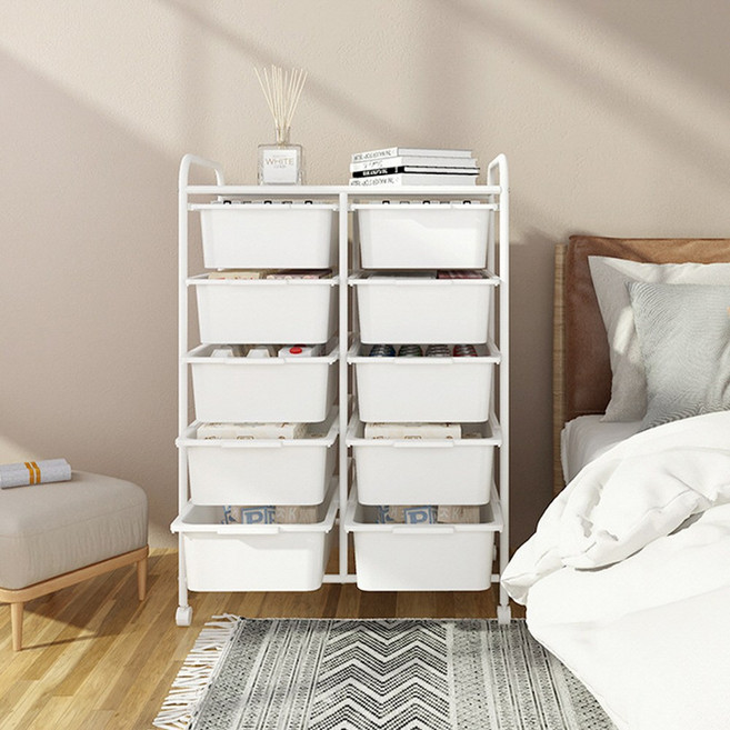 무베즈 서랍형 이동식 트롤리 서랍장 선반, 화이트, 10단