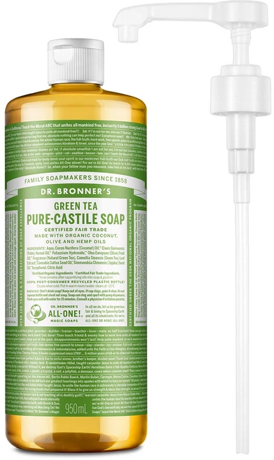 닥터브로너스 퓨어 캐스틸 솝 그린티 950ml + 전용펌프, 1개 - 쿠팡