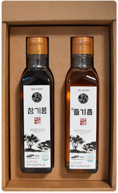 개성방앗간 참기름 + 들기름 2구 설날 설 추석 명절 선물세트, 180ml, 2개