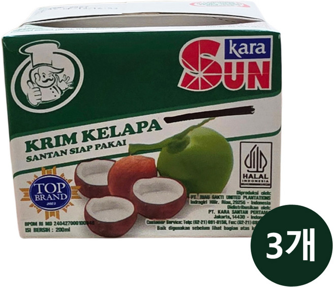 인도네시아 산탄 코코넛 크림 200ml Sun Kara Santan Coconut Cream, 3개