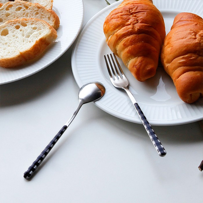 네바 무광 스텐 커트러리 티세트 (케이크포크+티스푼), 체크블루