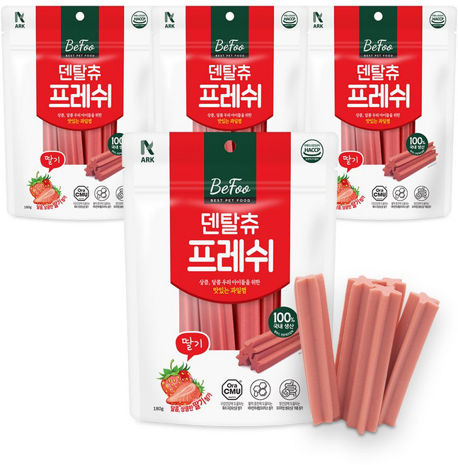 베푸 덴탈츄 프레쉬 스틱 강아지 애견껌, 4개, 180g, 딸기맛