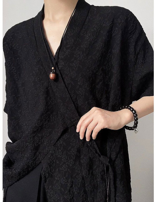 複古夏季飄帶漢服 花卉新中式道袍短袖 提花襯衫 新中式漢服服飾套裝 個性漢服套裝 角色扮演服飾套裝 Cosplay套裝