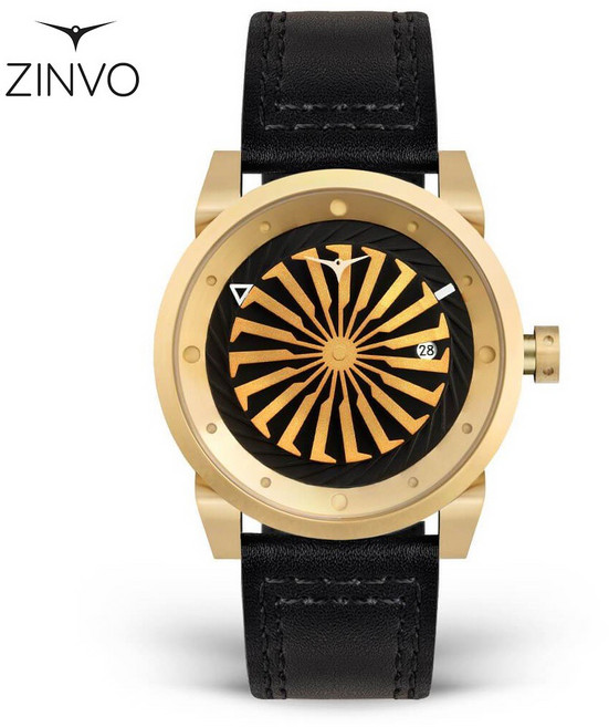 ZINVO 瑞士機械錶 金色渦輪秒盤 黑色皮革錶帶 44mm