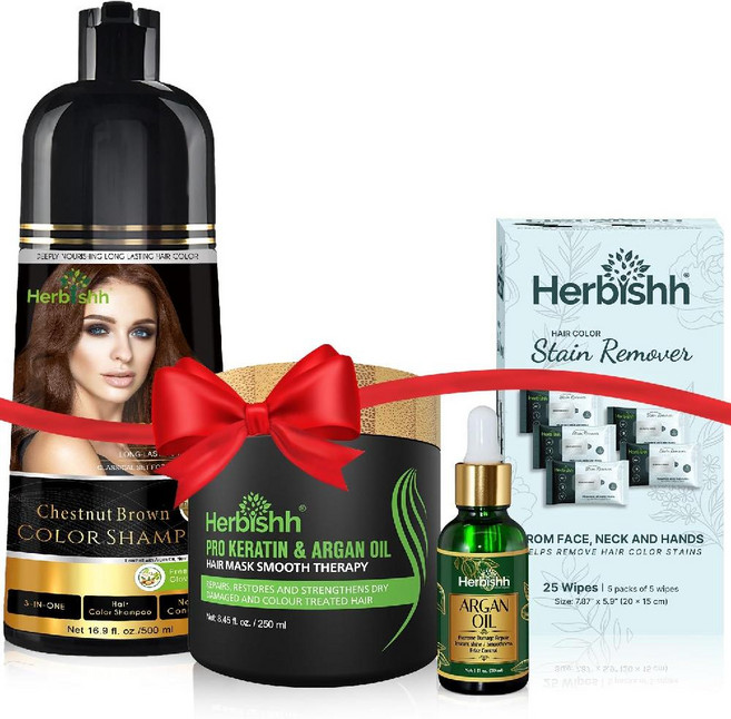 Herbishh 블랙 컬러 샴푸 백모 커버 3in1 천연 염색 클렌징 컨디셔닝 500ml 3~4주 지속 (원산지 중국), 체스트넛 브라운 세트