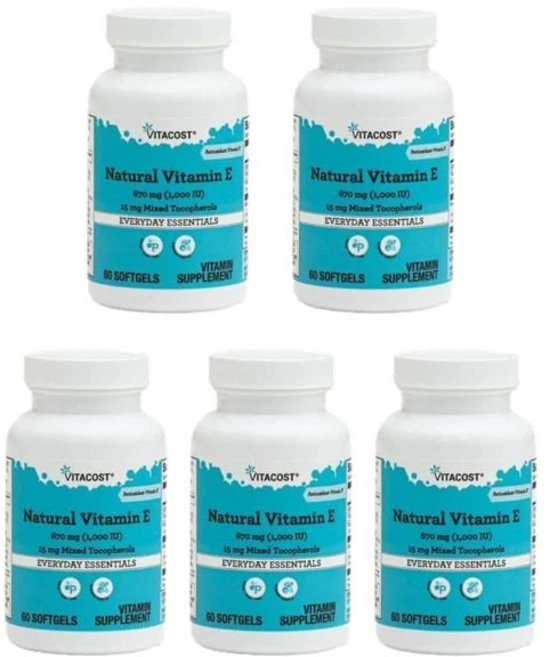 비타코스트 비타민 E 670mg(1000 IU) 15mg 혼합 토코페롤 소프트젤 60정, 5개 - 쿠팡