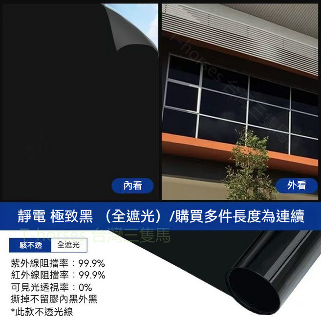 無膠靜電 隔熱玻璃貼 窗戶隔熱紙 玻璃窗貼 厚3mil 窗戶遮光貼紙 隔熱貼, 不透 極致黑（全遮光）【靜電吸附不帶膠】,寬120公分【1米價】 滿4送1