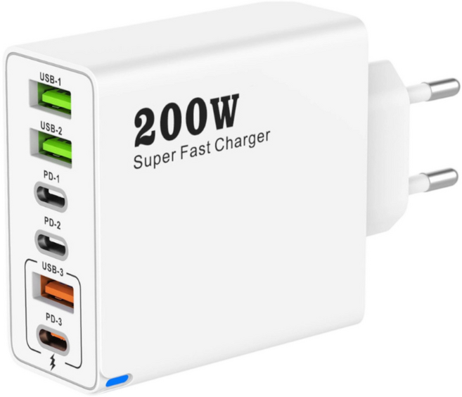200W 접지 초고속 충전기 6포트 3USB+3PD 적용애플 아이폰 아이패드 삼성 갤럭시 픽셀 고속 전원 어댑터, 1개, 흰색