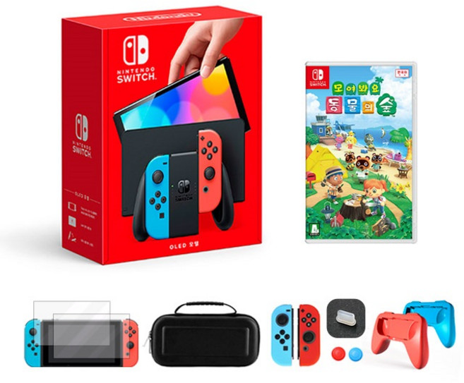 닌텐도 스위치 OLED, OLED 네온+동물의 숲+스위치 악세사리 세트