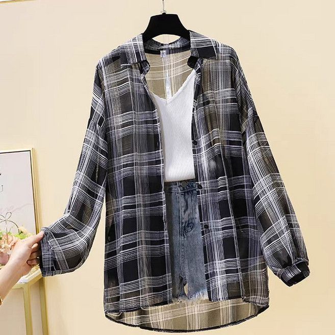 해피유통 여성 봄여름 체크 긴팔 셔츠 루즈핏 통기성 오픈카라bhf