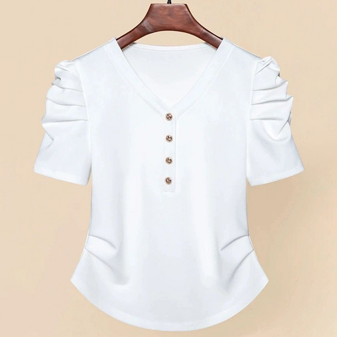 지고다그 여성 여름용 브이넥 반팔 티셔츠 셔링 퍼프소매 단추 포인트 슬림핏 상의 YY30380