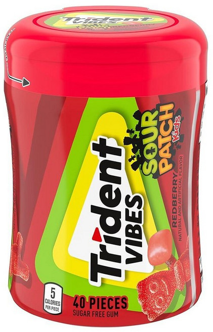 Trident Vibes SOUR PATCH 아동용 블루 라즈베리 무설탕 츄잉껌 40개 4병 총 160개 231385, Sour Patch 아동용 레드베리_40 개 (1팩), 1개, 100g