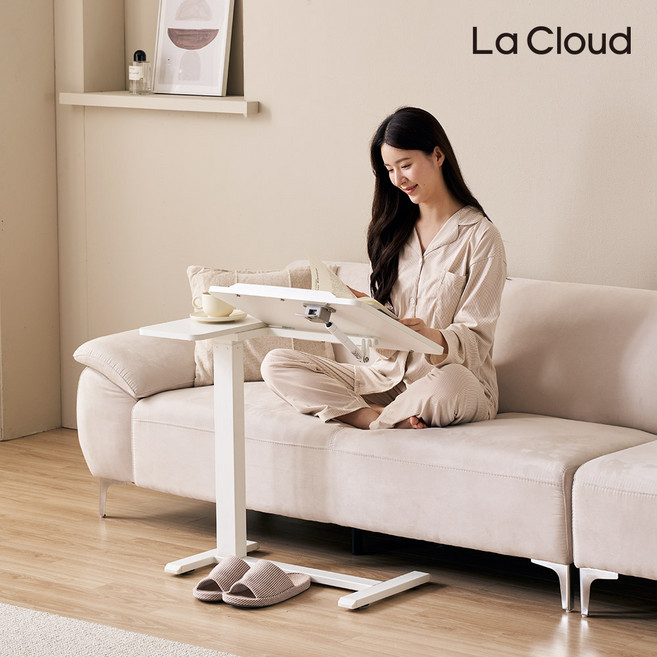[ 라클라우드 ] 플랙시 유압식 높이조절 침대 소파 사이드테이블 이동식 책상 테이블, 화이트 플랙시 테이블