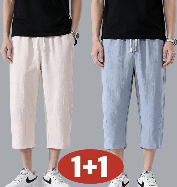 1+1 초특가 남성 여름 빅사이즈 리넨 7부 바지 얇은 루즈핏 밴딩 바지 와이드 캐주얼 팬츠