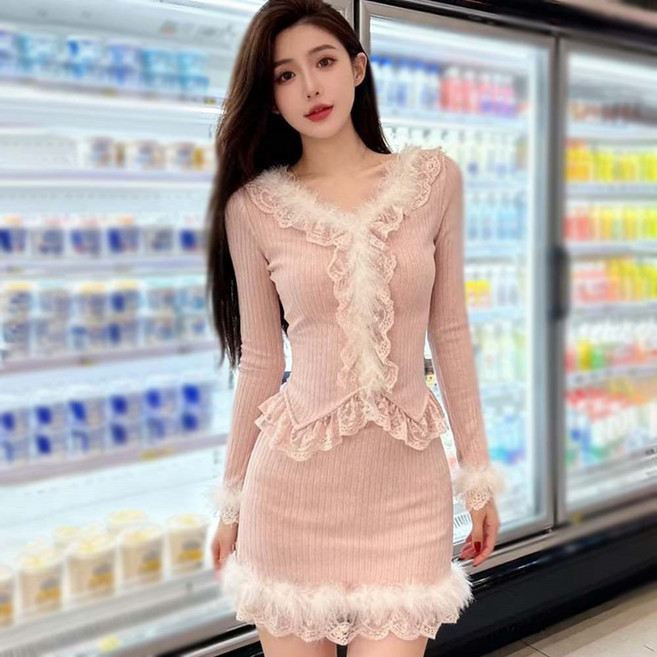 TKX 여성 니트 투피스 스커트 세트 봄 가을 섹시한 V넥 프릴 장식 귀여운 파티룩