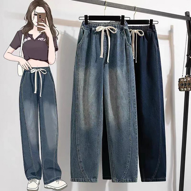 ROYALBELLE 여성 하이웨스트 밴딩 스트링 루즈핏 벌룬 데님 와이드 바지 K0020110