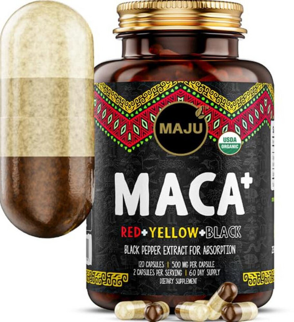 Maju Superfoods 4-in-1 마카 뿌리 캡슐 유기농 블랙 옐로우 및 레드 흡수를 위한 흑후추 추출물 포함 (120개) | 페루 제품 파우더 남성 여성 보충제, Maju Superfoods 4-in-1 마카 뿌리 캡