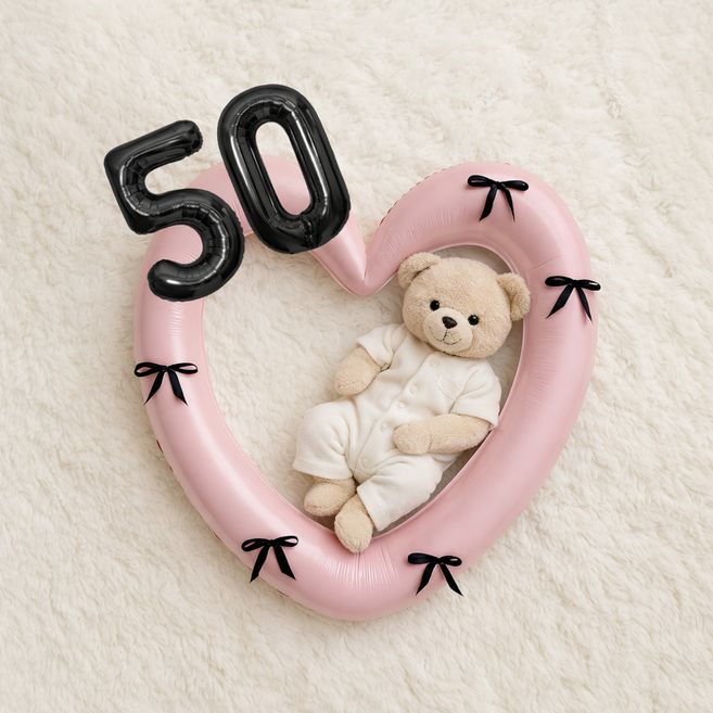 해피제이니 50일 100일 대형 하트풍선 완성리본 세트, 1세트, 핑크하트 숫자50