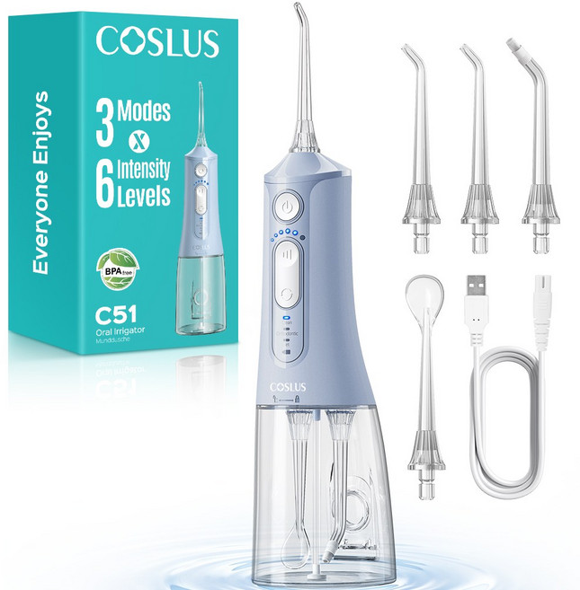 COSLUS 코슬루스 6단 수압+3종 모드 휴대용 구강세정기 IPX7 급방수+4개 노즐팁, 파란색, C51