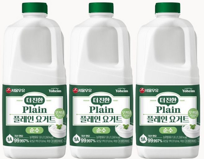 서울우유 더진한 순수 무가당 플레인요거트, 1.8L, 3개
