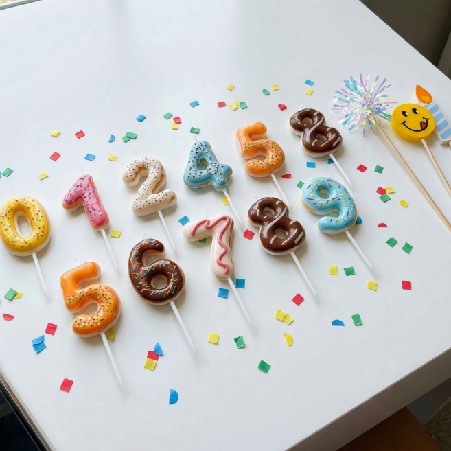 도넛 숫자 생일 케이크 초 0~9 세트, 1개, 40g, 숫자 0~9 & 우드데코