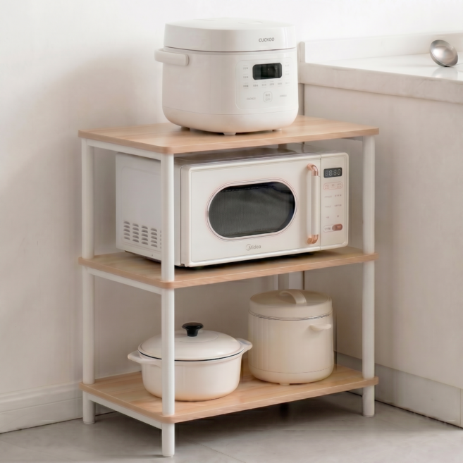 소프트엣지 다용도 렌지대 선반 전자레인지 수납장, 3단, 화이트 우드