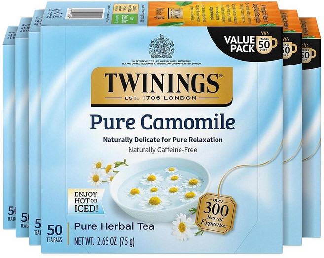 Twinings 얼 그레이 엑스트라 스트롱 홍차 개별 포장 백 20개 (1팩) 시트러스 및 베르가못 맛 카페인 뜨겁거나 차갑게 즐기기 티백 20개, Pure Camomile, 50 Count (Pack of 6), 75g, 1