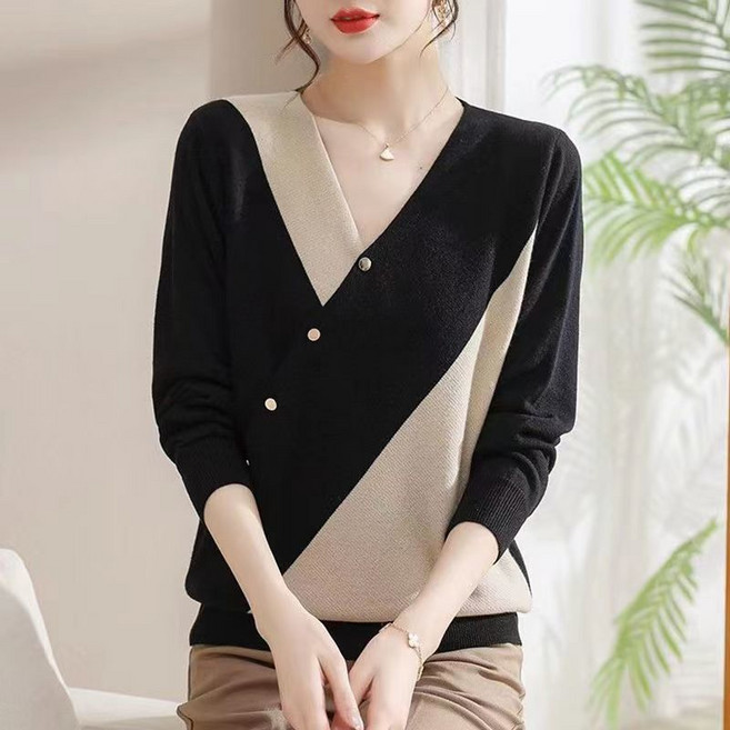 COSYEVNO 중년 엄마 긴팔 톱 가을 라운드넥 자수 브이넥 배색 스타일리쉬한 루즈핏 캐주얼 숏 버튼 니트 CXJzzs-08