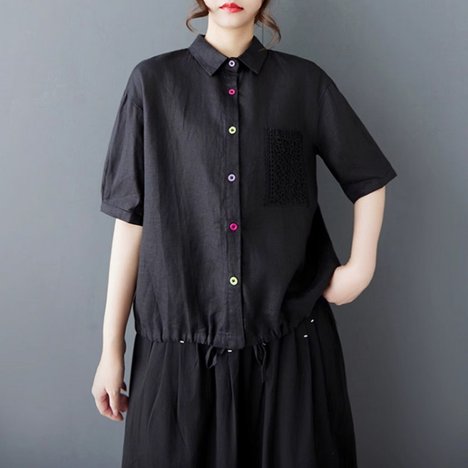 코카마니 여성 레이스 포켓 컬러 단추 허리 스트링 반팔 셔츠 남방