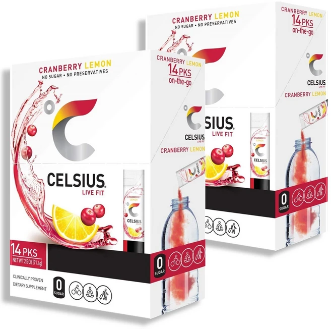 1+1=2 [Celsius] 셀시어스 라이브 핏 온 더 고 에센셜 에너지 파우더(무설탕) 14개입 (크렌베리 레몬맛), 71.5g - 쿠팡