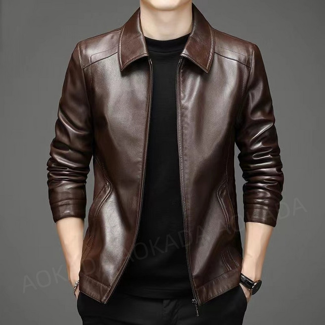 AOKADA 중년 남성 봄 가을 스탠드넥 캐쥬얼 PU 가죽자켓 방풍 방수 간절기 레더자켓