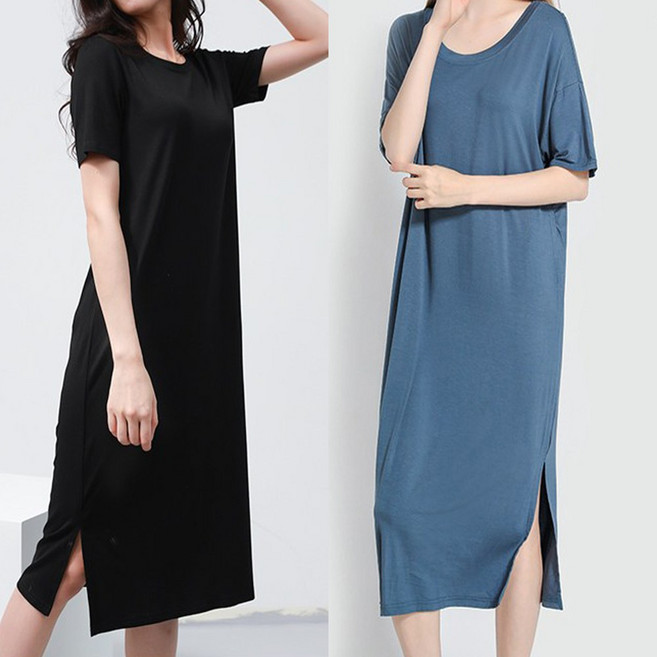 모어가든 여성 롱 원피스 아이스 찰랑 라운드 반소매 인견 모달 텐셀 고급 부드러운 빅사이즈 잠옷 홈웨어 기본 심플 반팔 루즈핏 스판 데일리