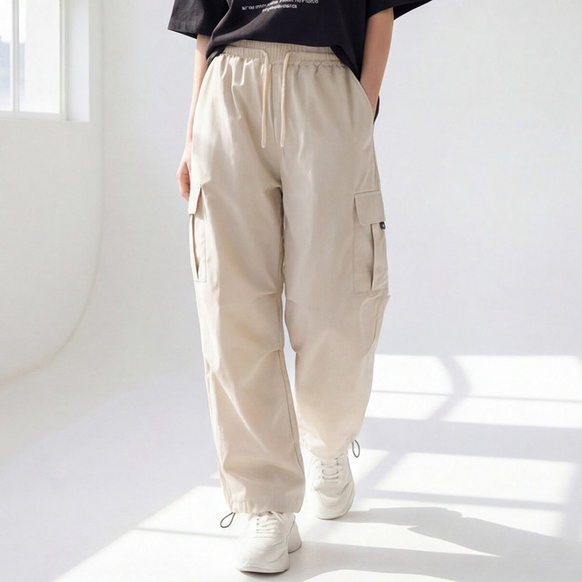 라뷰드 후들후들 얇은 카고 바지 밑단 스트링 팬츠 여성 와이드 트레이닝복 여자 밴딩 조거 긴바지 건빵 하의