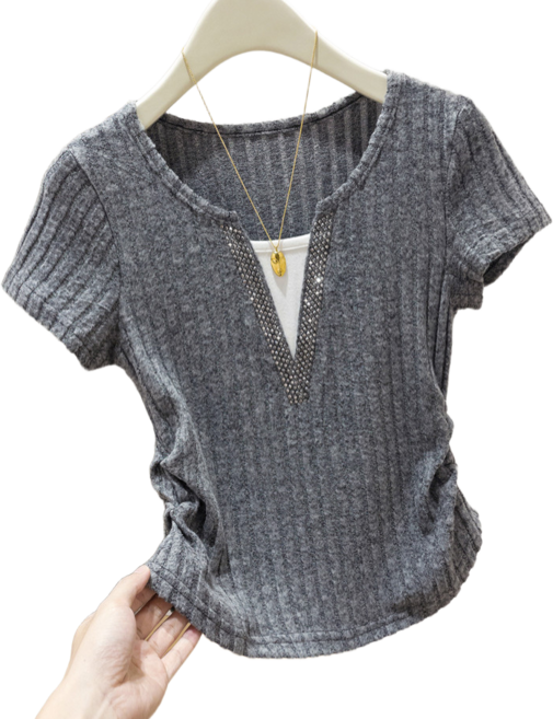 여성용 브이넥 큐빅 반팔 상의 여름 빅사이즈 골지 반팔 티셔츠