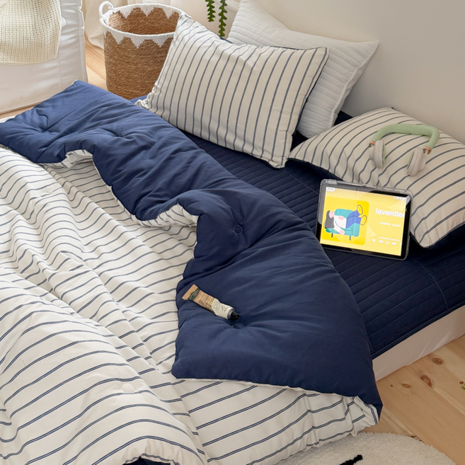 KURUA 스트라이프 항균 워싱 프리미엄 차렵이불 세트