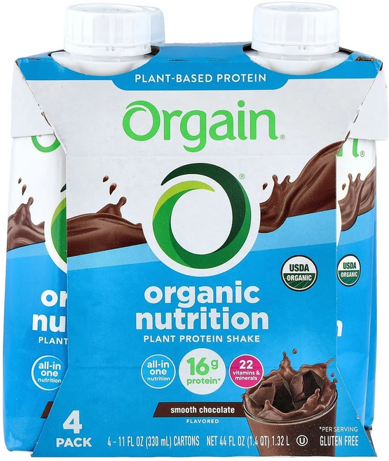 Orgain Organic Nutrition 식물성 단백질 셰이크 스무스 초콜릿 4팩 각 330ml(11fl oz) Orgain (올게인), Orgain, Organic Nutrition, 식물성 - 쿠팡