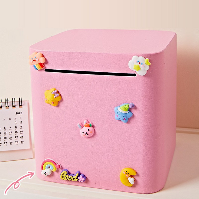 파스텔 사각 일체형 스텐 대용량 현금보관 저금통, 핑크