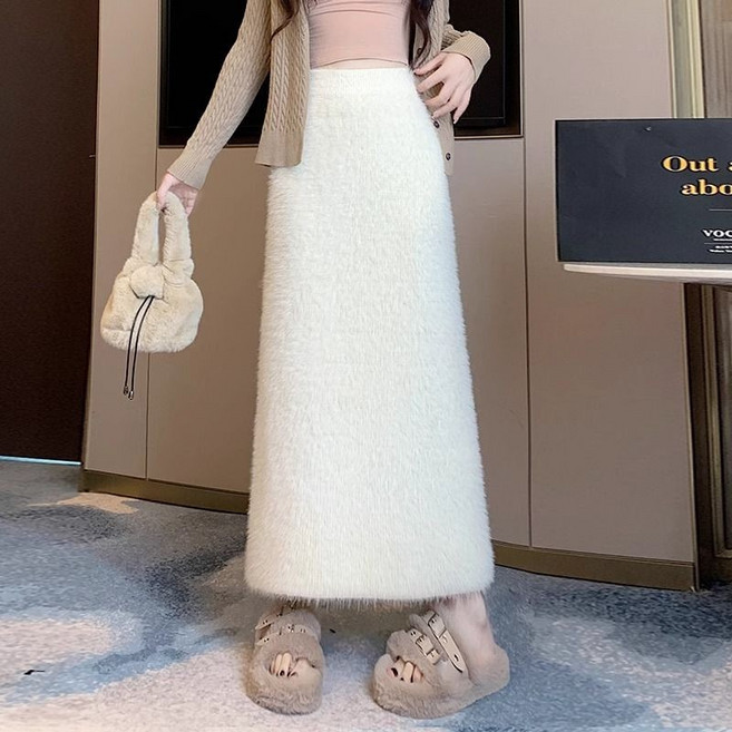 大碼海馬毛半身裙女秋冬季，胖mm顯瘦遮胯垂感針織中長裙，時尚百搭優雅半身裙