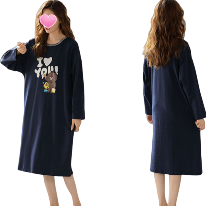 Makone 여성 가을 겨울 긴팔 루즈핏 롱 잠옷 워피스