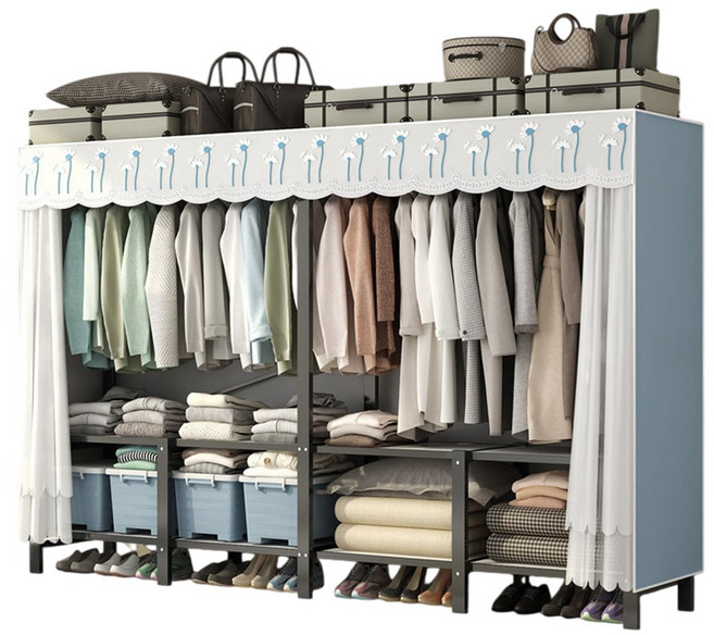 유엔리빙 튼튼한 비키니 옷장 무타공 접이식 드레스룸 시스템 행거, 블루커튼형