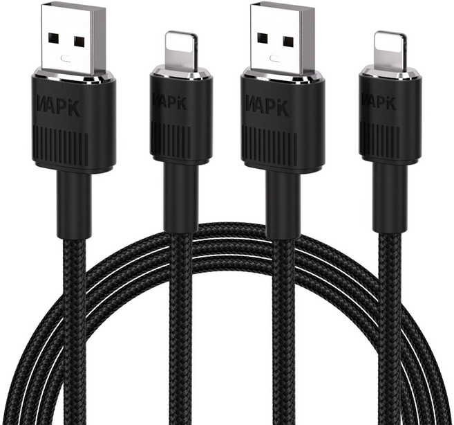 WAPIK PD 60W 라이트닝 8핀 초고속 충전케이블 LMS01 A-L C-L, 2개, A-L 블랙, 2m