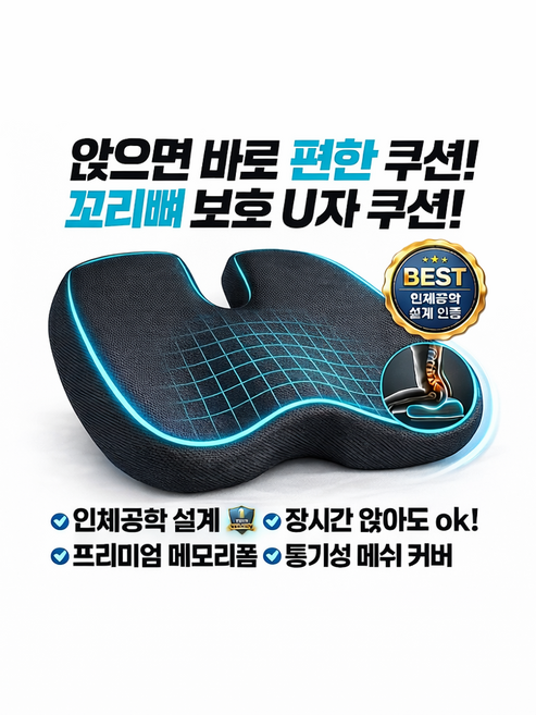 HANOSU 인체공학적 메모리 폼 통기성 잘되는 직장인 학생 허리 엉덩이 쿠션, 블랙