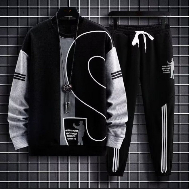 오스틱니 남성 봄가을 라운드넥 심플한 날염 빅사이즈 간절기 운동 세트 TZ08