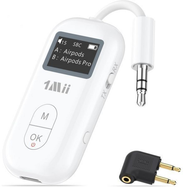 1Mii SafeFly Pro Bluetooth 5.3 송신기 수신기 2개의 헤드폰을 위한 화면이 있는 무선 오디오 어댑터 AptX LL/HD/AD 모든 3.5와 함께 사, 1Mii SafeFly Pro 블루투스 53 송수신기, 화이트