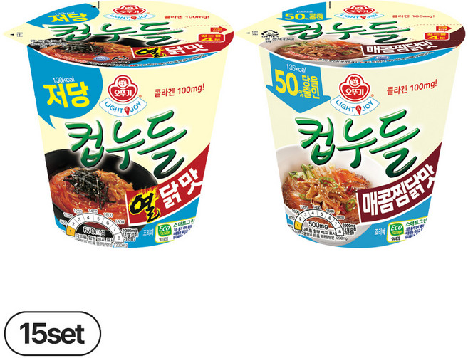 오뚜기 LIGHT&JOY 저당컵누들 열닭맛 42g 15개+당을줄인컵누들 매콤찜닭맛 45g 15개(총 30개)