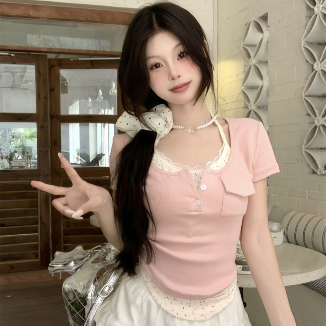 홍언목요 홀터넥 반팔 티셔츠 레이어드 티 여름 스윗 걸 레이스 플라워 이너티 쇼트 톱