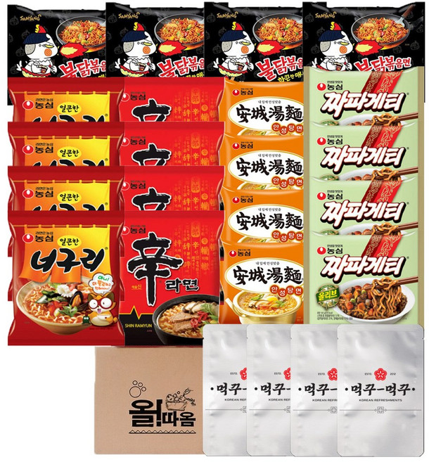 봉지라면 세트 3호 낱개 농심 신라면4 +얼큰한 너구리4 +안성탕면4 +짜파게티4 +삼양 불닭볶음면4 +먹꾸먹꾸 야채스프4, 1세트