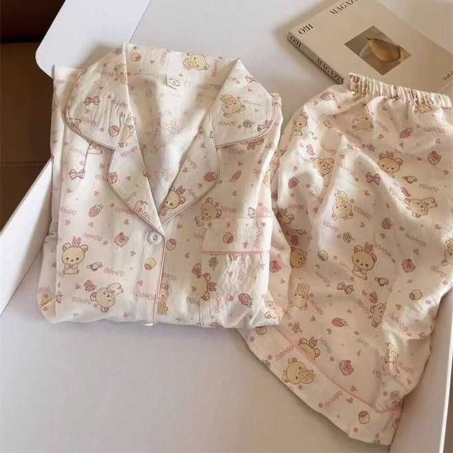 Yellwell여성 핑크 도트 수면 잠옷 세트 프릴 칼라 홈웨어LYT