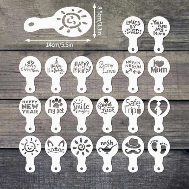 커피 스탠실 라떼아트 커피 드로잉 스텐실 스테인레스 스틸 커피 파우더 체 카푸치노 액세서리 장식 도구 카페 멋진 인쇄 금형, 커피 스텐실 20pcs