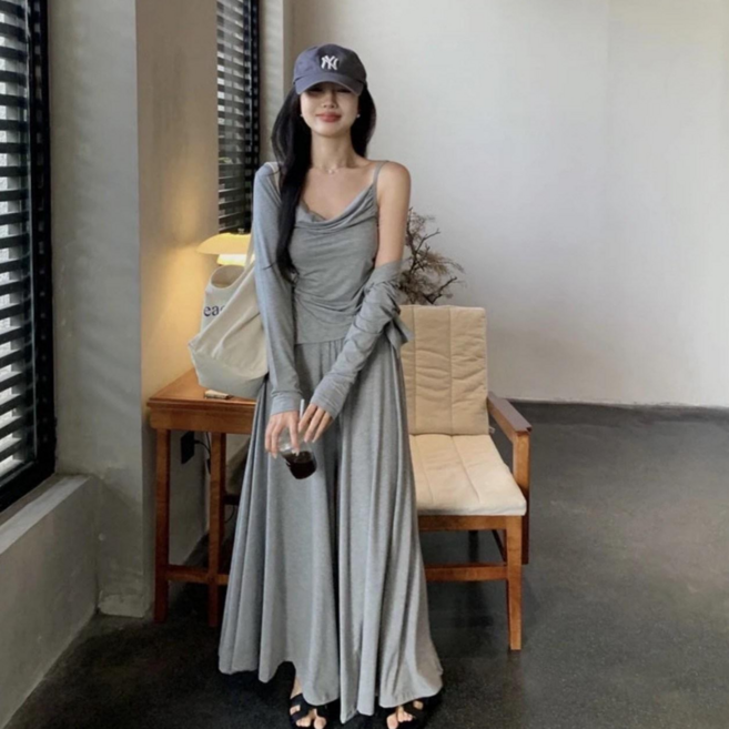 wassup 캐주얼 세트 여자 가디건+ 끈 민소매+와이드팬츠 스리피스